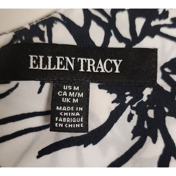 Ellen Tracy V-Neck Asymmetric Hem Multicolor White & Black Blouse Size Medium - Picture 4 of 5